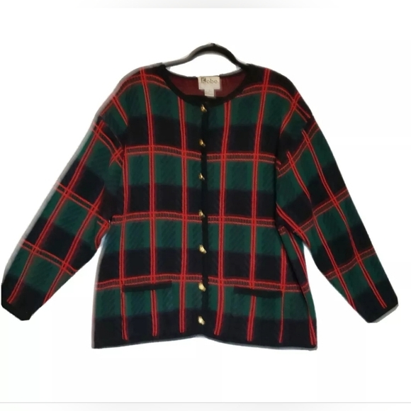 Vintage Crystal Kobe Sweater Plus 1X Green Tartan Plaid Gold Buttons Acrylic 80s - Picture 2 of 10